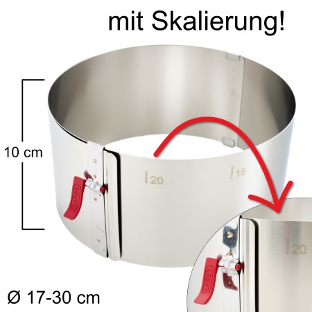 Tortenring mit Klemmhebel und Skalierung - verstellbar Ø17-30 cm - Höhe 10 cm