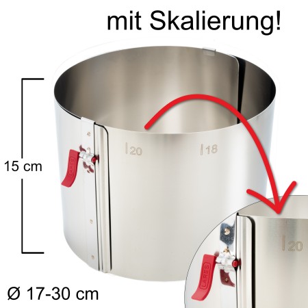 Tortenring mit Klemmhebel und Skalierung - verstellbar Ø17-30 cm - Höhe 15 cm
