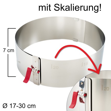 Lares Tortenring mit Klemmhebel und Skalierung - verstellbar Ø17-30 cm - Höhe 7 cm