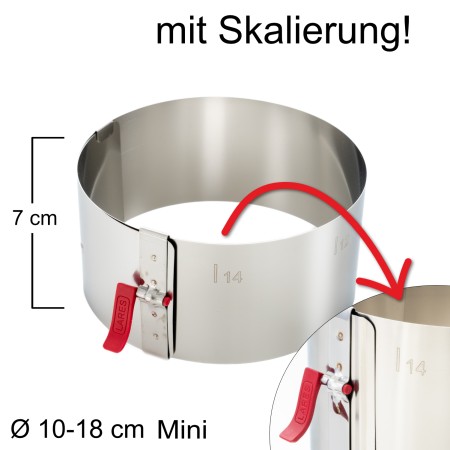 Tortenring mit Klemmhebel und Skalierung - verstellbar Ø10-18 cm Mini - Höhe 7 cm