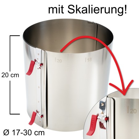 Tortenring mit zwei Klemmhebeln und Skalierung - verstellbar Ø17-30 cm - Höhe 20 cm