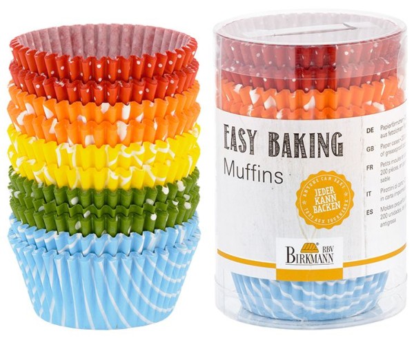 Birkmann Muffinförmchen aus Papier in bunten Farben mit schönen Mustern. 200 Stück in der Klarsichtbox.