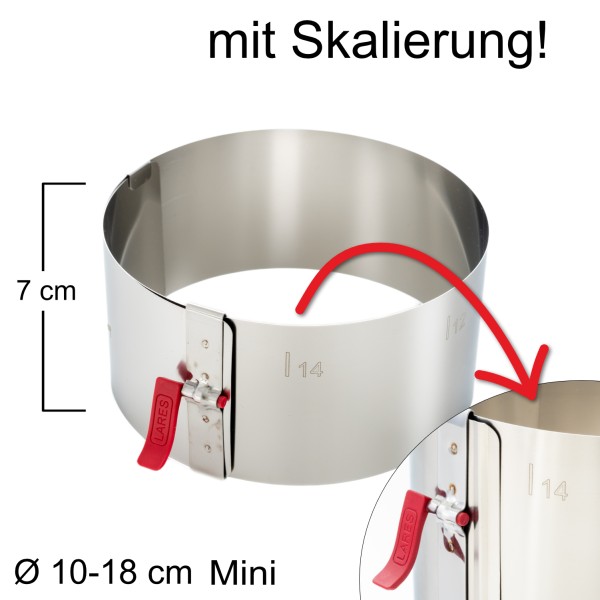 Lares Tortenring mit Klemmhebel und Skalierung - verstellbar Ø10-18 cm Mini - Höhe 7 cm